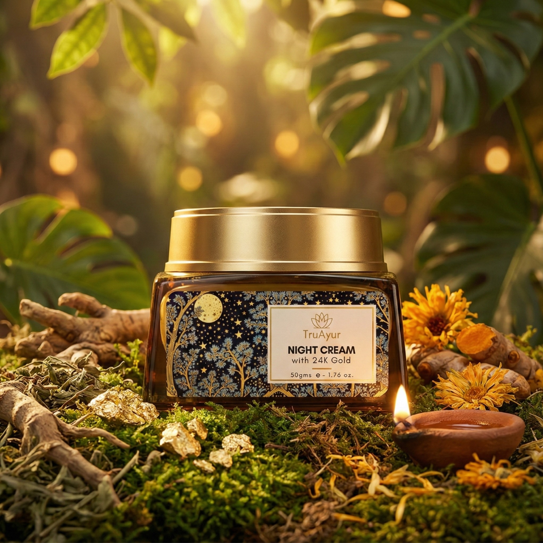 24K Gold Ayurvedische Anti-Aging Nachtcrème met Bakuchi Olie, Saffraan en Kurkuma