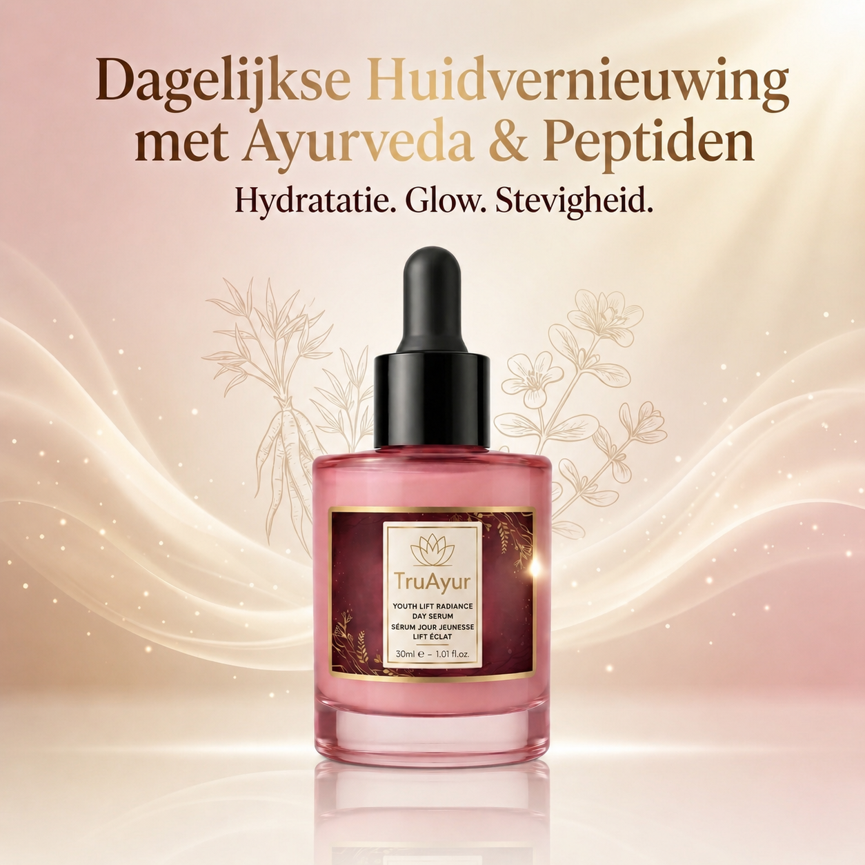 8-kruiden Ayurvedisch Radiance Dagserum met Syn-Ake peptide voor diepe hydratatie, een hele dag glow en zichtbaar verstevigend effect