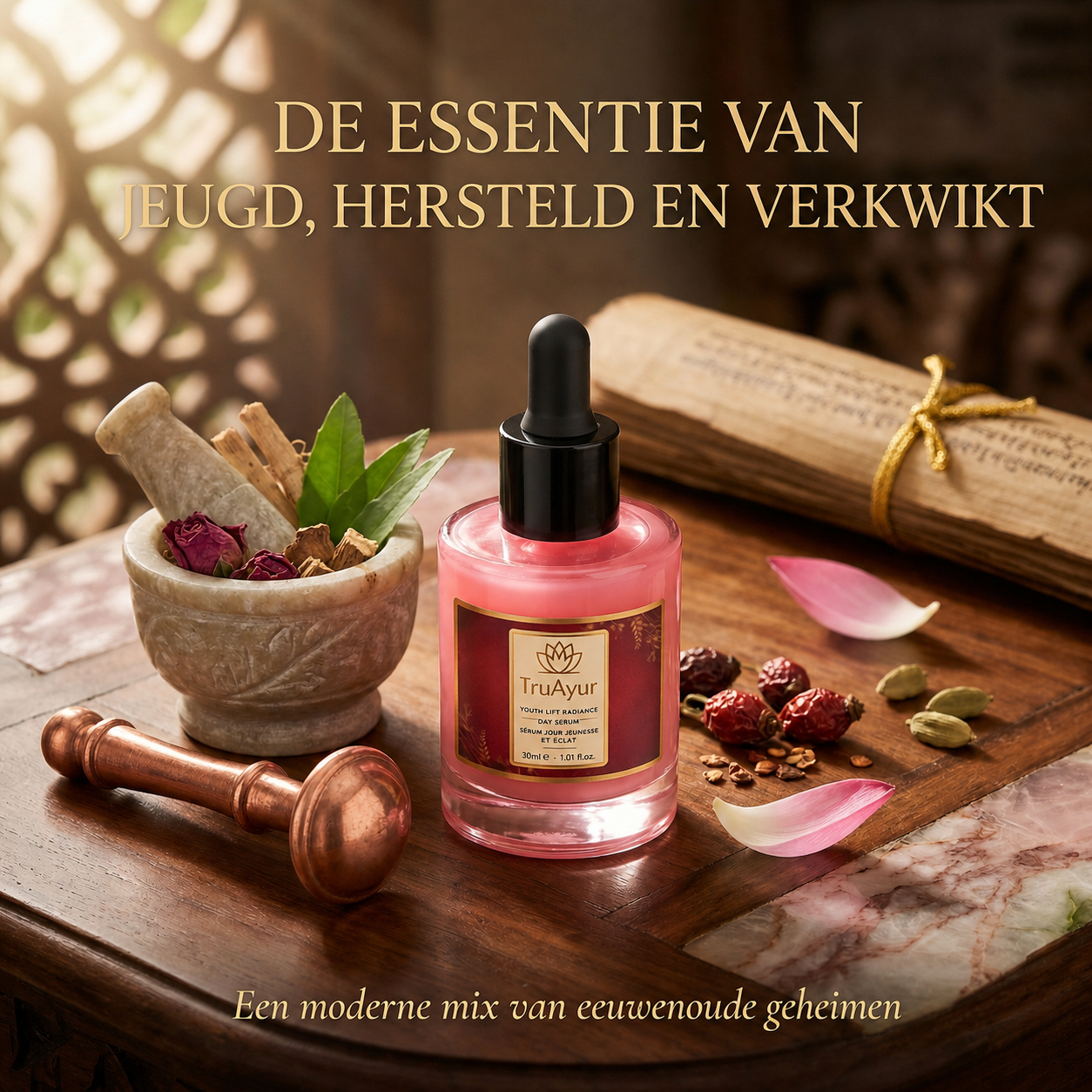 8-kruiden Ayurvedisch Radiance Dagserum met Syn-Ake peptide voor diepe hydratatie, een hele dag glow en zichtbaar verstevigend effect