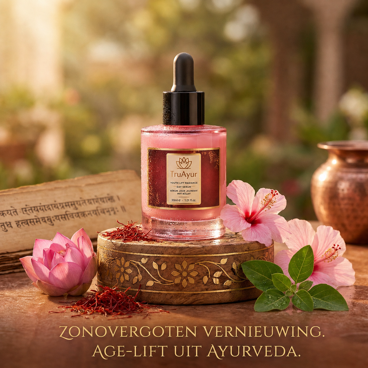 8-kruiden Ayurvedisch Radiance Dagserum met Syn-Ake peptide voor diepe hydratatie, een hele dag glow en zichtbaar verstevigend effect